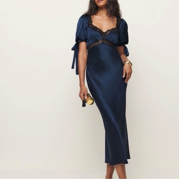 Reformation X Kacey Musgraves Stella Silk Dress in Navy - Picture 5 of 7